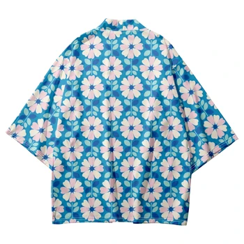 Модные сине-белые рубашки Хаори с цветочным принтом Уличная одежда Для мужчин и женщин Традиционная одежда для кардиганов Пляжная Юката Японское Кимоно