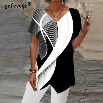 Женская модная элегантная футболка с геометрическим принтом бабочки, V-образным вырезом, коротким рукавом неправильной формы, повседневная уличная одежда, туника Оверсайз, топы