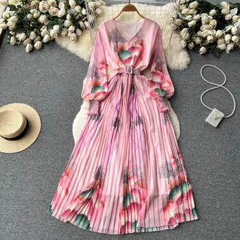Плиссированное элегантное платье на шнуровке с ретро-принтом, трапециевидное платье с длинным рукавом и V-образным вырезом, платье для пляжного отдыха, женское платье на лето и весну, Vestidos