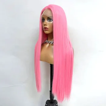 Длинный синтетический парик с кружевом спереди, розовые длинные прямые бесклеевые термостойкие волосы, средняя часть париков с кружевом спереди для женщин