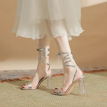 Летние женские босоножки с ремешком на щиколотке, лаконичный дизайн, Сандалии на высоком каблуке с квадратным носком, сексуальное женское модное платье, Универсальная обувь