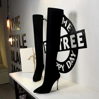 BIGTREE/ Модные Вязаные Сапоги-носочки из эластичной ткани С Острым носком На высоком каблуке Выше колена, женские ботинки с острым носком, размер 34-40