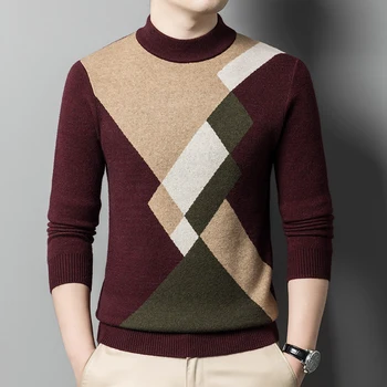 Осенне-зимний мужской кашемировый вязаный свитер, теплая водолазка в виде ромба, модный деловой повседневный пуловер, свитер
