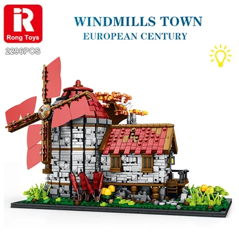 Архитектура Европы, средневековая ветряная мельница, строительные блоки, креативный модульный дом с видом на улицу в стиле ретро, кирпичи, игрушки, конструктор