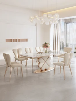 Обеденный стол из светлого шифера, современный простой легкий роскошный кремовый домашний прямоугольный обеденный стол с маленьким четырехлистным клевером, прямоугольный стул.