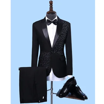 Модный мужской костюм с бриллиантами, шикарный блейзер с отворотом на одной пуговице из 2 предметов, Смокинг для ведущего концерта Slim Fit
