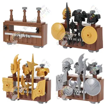Строительные блоки MOC средневековой военной серии, шлем и броня, копье, меч, оружейные стеллажи, модель, сборка кирпичей, игрушки в подарок для детей