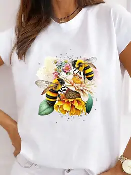Футболка Женская модная базовая футболка, верхняя одежда, женская футболка с изображением пчелы, сладкой любви, цветка 90-х, одежда с коротким рукавом и принтом