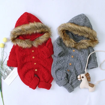 Осенне-зимний детский комбинезон для ребенка, вязаный комбинезон с капюшоном, комбинезон для новорожденных мальчиков и девочек, Весенняя одежда для младенцев