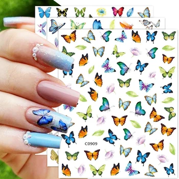 Синие наклейки для ногтей с бабочками, Акварельные наклейки, Слайдеры для нейл-арта, 3D Самоклеящиеся Аксессуары для украшения маникюра Весна-лето своими руками
