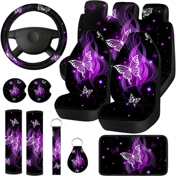 Чехол для автокресла с 3D фиолетовым принтом бабочки, полный набор аксессуаров для женского и мужского салона автомобиля, защита передних сидений, задняя