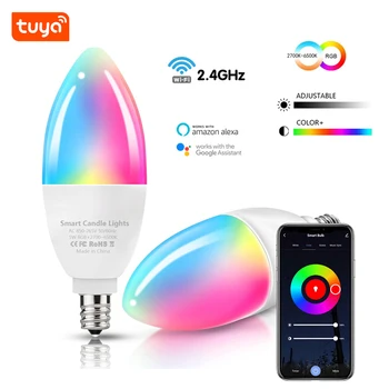 Tuya E14 Smart WiFi Candle Lights 5 Вт Европейские Лампочки RGB LED Лампа Через приложение Smart Life Alexa Google Home Голосовое Управление Alice
