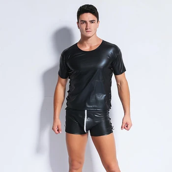 Сексуальные мужские топы со шнуровкой из искусственной кожи с коротким рукавом, футболки в стиле хип-хоп, сексуальные обтягивающие повседневные футболки, мужская клубная одежда, эротическое белье для ночных клубов