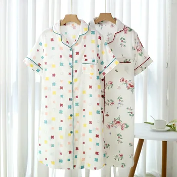 Летние хлопчатобумажные двухслойные марлевые женские ночные рубашки, Тонкая рубашка с короткими рукавами, пижамная юбка, Удобная дышащая домашняя одежда