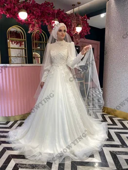 Роскошные Тюлевые Аппликации С Высоким Вырезом Мусульманские Свадебные Платья Трапециевидной Формы С Длинным Рукавом Исламское Свадебное Платье Arabic Dubai Robe De Mariée
