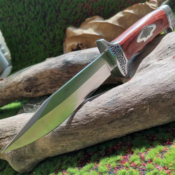 Открытый Охотничий прямой нож для кемпинга и диких приключений - Сталь 7Cr13Mov, Цветная деревянная ручка, с ножнами