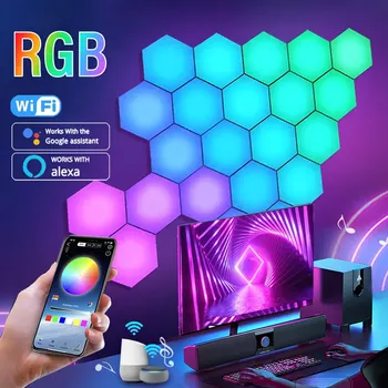 RGB Интеллектуальный шестиугольный настенный светильник с изменяющимся цветом, Окружающий ночной свет, музыкальный ритм в форме DYI, Управление приложением для игровой комнаты, спальни