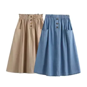 Синие юбки средней длины для девочек 2023 года, Новая Весенне-осенняя одежда, Милые Юбки цвета INS цвета Хаки с карманами, Повседневная Хлопчатобумажная юбка для девочек-подростков