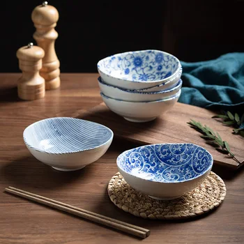 Керамическая миска для рамена в японском стиле, посуда из белых и синих листьев, кухонные принадлежности, вазы для фруктов