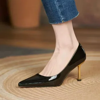 Новые модные женские туфли-лодочки на высоком каблуке с острым носком, модельные туфли из лакированной кожи, золотые туфли на тонком каблуке, базовые туфли-лодочки на шпильке