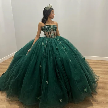 Изумрудно-Зеленое Блестящее Расшитое бисером Бальное платье с украшением в виде кристаллов, Пышное платье с корсетом с большим бантом, Vestido De 15 Anos