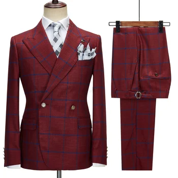 Клетчатый мужской костюм, 2 предмета, дизайнерский свадебный повседневный пиджак и брюки, мужской деловой приталенный пиджак с отворотом (блейзер + брюки)