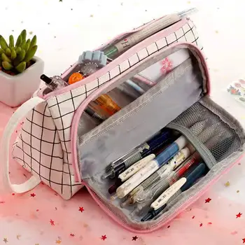 Стационарная сумка для хранения ручек, сумка для ручек и карандашей, Многослойная косметичка для путешествий большой емкости, простой клетчатый пенал