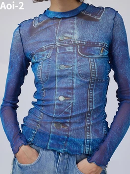 Винтажная уличная джинсовая футболка Женская 2023, Осенняя новинка, синяя эластичная солнцезащитная сетчатая основа с принтом, топ с длинным рукавом