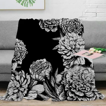 Черно-белое фланелевое одеяло с цветами, теплое Мягкое Одеяло для дивана, Зимняя простыня, Покрывало для кемпинга, Дорожное одеяло