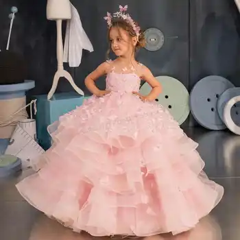 Розовые многоярусные платья в цветочек для девочек, пышные кружевные аппликации, детское праздничное платье на день рождения с бабочками, детское платье для причастия
