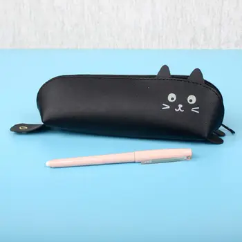 Сумка для ручек с мультяшным котом из искусственной кожи, большая вместительная молния, милый карандаш в форме животного, канцелярский чехол, школьные принадлежности