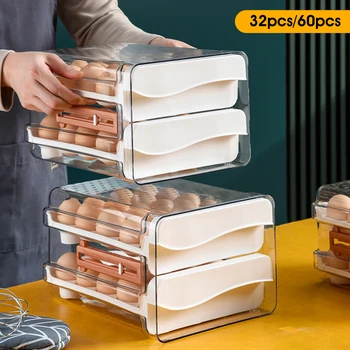 Органайзер для яиц для холодильника, Двухъярусный держатель для яиц со шкалой времени, Штабелируемый ящик для яиц, Прозрачный контейнер для хранения яиц Большой емкости