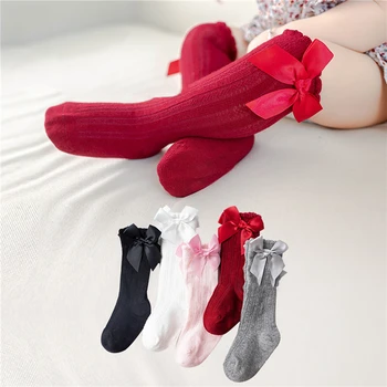 Дышащие носки для маленьких девочек, детские носки-трубки с милым бантом до колена, Модные банты, однотонные детские носки 2023