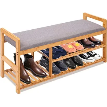 Полка для хранения обуви 3-х уровневый маленький деревянный органайзер 2 в 1 Бамбуковая подставка для обуви Скамейка с местом для хранения и морской подушкой для хранения обуви