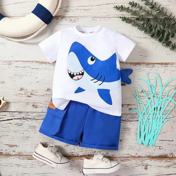 PatPat, комплект из 2 предметов, футболка с рисунком акулы для мальчика и шорты-карго из 100% хлопка