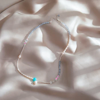 Роскошное ожерелье из натурального жемчуга с голубым кристаллом, женская мода, цепочка для свитера из натурального камня и нержавеющей стали, подарок на годовщину