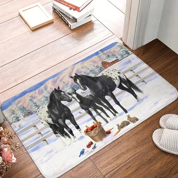 Нескользящий ковер для кухни, черные лошади Аппалуза В снегу, коврик для спальни, добро Пожаловать, коврик для украшения дома, ковер