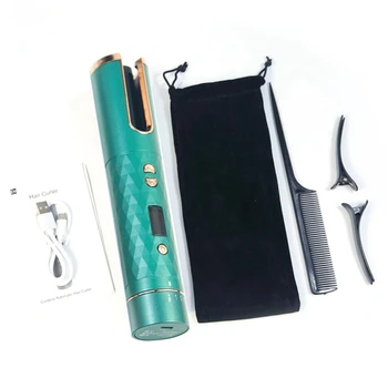 Беспроводная Автоматическая Плойка для завивки волос с ЖК-дисплеем, Беспроводные Керамические Вращающиеся Инструменты для завивки, Зеленый цвет