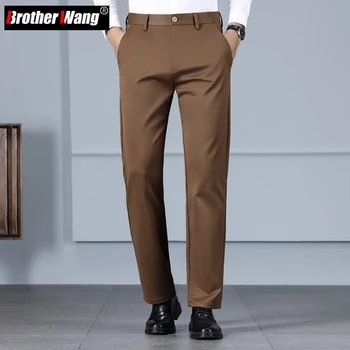 2023 Осенние новые коричневые мужские брюки Классические саржевые брюки с высокой талией Обычные прямые Деловые офисные повседневные брюки Брендовая мужская одежда