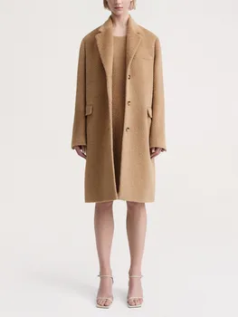 Женская однобортная куртка средней длины с длинными рукавами 2023 Осень-зима Новое женское шерстяное длинное пальто из альпаки Classic Basic