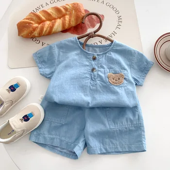 Одежда для младенцев и малышей, летние джинсовые шорты с короткими рукавами, комплект для новорожденных, мультяшный тонкий комплект из двух частей с медведем