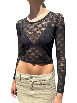 Louatui/ Женские кружевные укороченные топы с длинным рукавом и круглым вырезом, прозрачные однотонные облегающие футболки, блузки