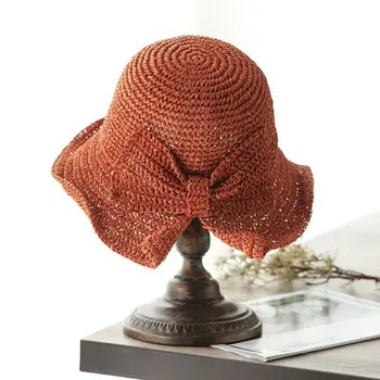 Соломенная шляпа ручной работы, новая модная художественная пляжная шляпа с разрезом по краям, складные шляпы-ведерки с бантом