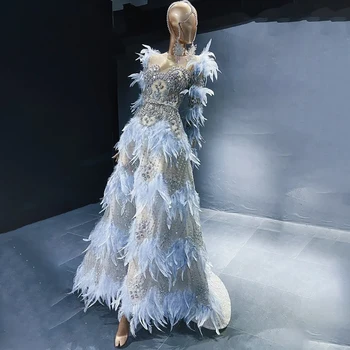 Serene Hill Blue Feathers, роскошное расшитое бисером Элегантное вечернее платье трапециевидной формы с длинными рукавами 2023 Для женщин, вечернее платье LA71816