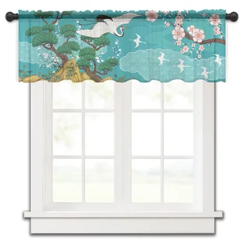 Журавлиная Вишня в Японском стиле, Винтажные Короткие Тюлевые Занавески, Вуаль для спальни, Прозрачная Занавеска на половину окна, Маленькие шторы для кухни