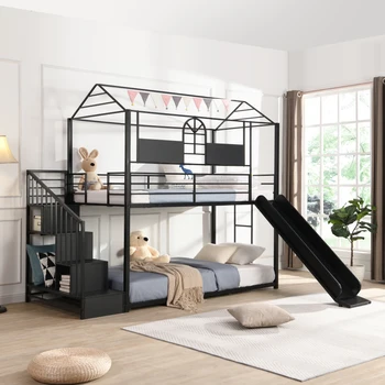 Каркас в форме домика, металлическая двухъярусная кровать с горкой и ступенями, прочное качество, подходит для детской, молодежной спальни, черный