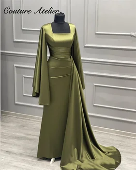Зеленое Мусульманское вечернее платье с длинным рукавом и Квадратным вырезом, Элегантные Роскошные Вечерние платья, праздничные платья Русалки
