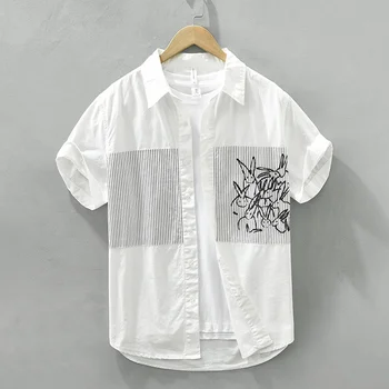 Трендовая мужская рубашка в стиле пэчворк с принтом в полоску, летняя повседневная рубашка из тонкого чистого хлопка, дышащий дизайн, топы свободного кроя