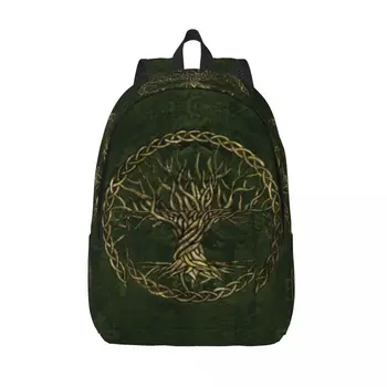 Зеленый и золотой холщовый рюкзак с изображением Древа Жизни для мальчиков Vikings Yggdrasil, школьные дорожные сумки для колледжа, сумка для книг, подходит для 15-дюймового ноутбука