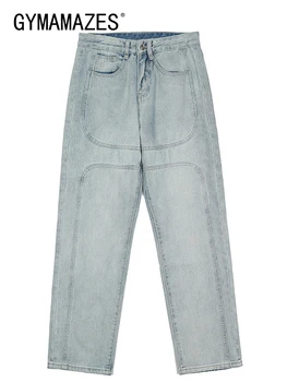 Женские джинсы GYMAMAZES на пуговицах в стиле пэчворк с высокой талией, прямые, свободные, с карманами в стиле пэчворк, Осенние широкие брюки, Новинка женской моды